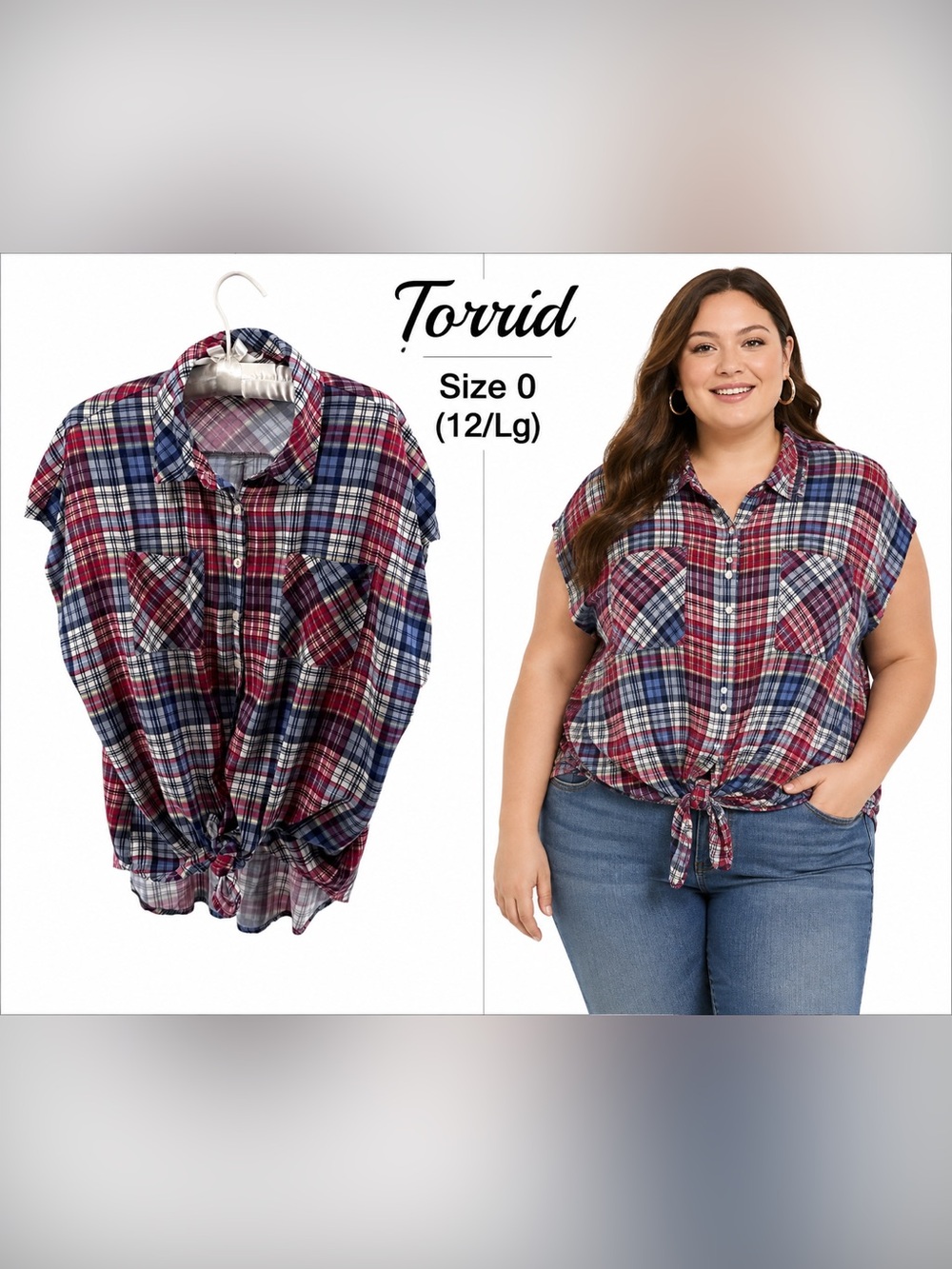 torrid Women’s 0 (12/Lg) Plaid Button Front Tie Hem Shirt Red Blue Short Sleeve